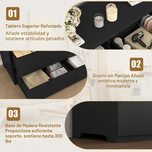 Vista 3 de Cómoda negra de 12 cajones para dormitorio, cómoda moderna con cajones profundos de 63 pulgadas, cómoda de almacenamiento ancha y larga, muebles