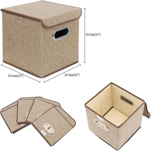 Vista 2 de Juego de 4 contenedores plegables de tela de lino con tapa, cajas organizadoras plegables, 10 x 10 x 10 pulgadas (beige)