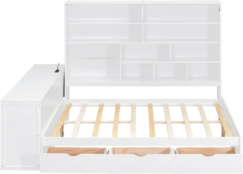 Vista 4 de KLMM Sofá cama de madera de tamaño completo con escritorio, estantes y Blanco/L