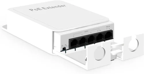 Vista 9 de MokerLink Extensor PoE de 4 puertos para exteriores, IEEE 802.3 af/at PoE repetidor, 10/100 Mbps, 1 PoE en 3 salidas PoE, interruptor de paso POE