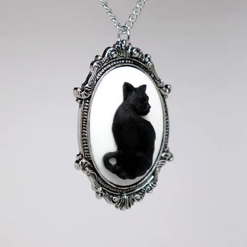 Vista 5 de Real Metal Juego de camafeo de gato negro en plata acabado estaño marco gótico colgante collar, Metal