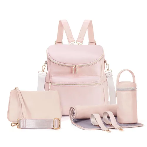 Vista 11 de Mochila para pañales, mochilas de cuero de moda para mamá, bolsas de pañales para bebés pequeños con organizador en bolsa y cambiador, Negro, M