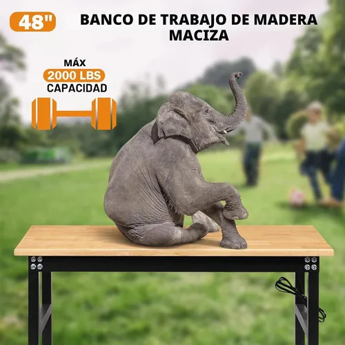 Vista 5 de Betterhood Banco de trabajo de altura ajustable, estación de trabajo resistente con parte superior de madera de goma de 48 pulgadas con tomas