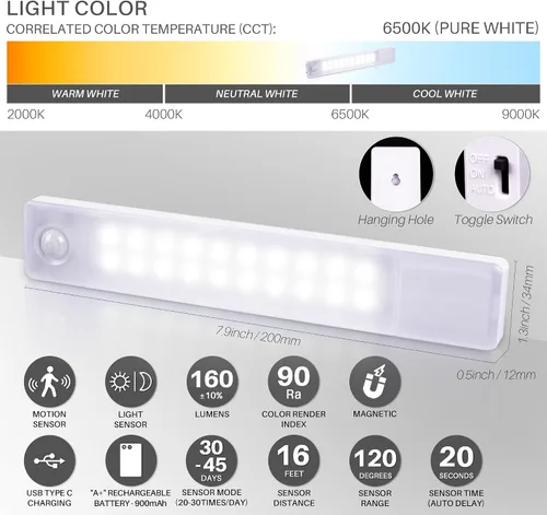 Vista 2 de STAR-SPANGLED 8” Under Cabinet Lighting Rechargeable Magnetic, 2 Pack White Blanco