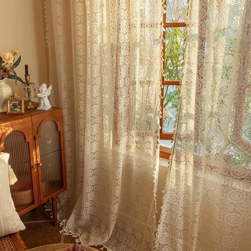 Vista 33 de YJ YANJUN - Cortinas de café boho, 24 pulgadas de largo, 2 paneles, cada una de 59" de ancho x 24" de largo, beige, con crochet, cortinas de cocina