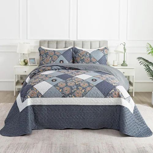 Vista 33 de Juego de cama de dos piezas, tamaño individual, de microfibra, reversible, de retazos, estilo floral, todas las estaciones, patrón de porcelana azul