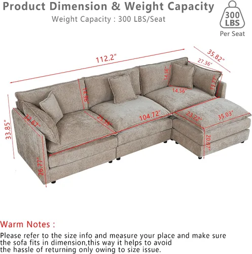 Vista 2 de Setawix Sofá Profundo de 3 Plazas con Otomana, Sofás de Nube en Forma de L de 112.2" para Sala de Estar, Sofá de Nube de Chenilla con Asiento Café