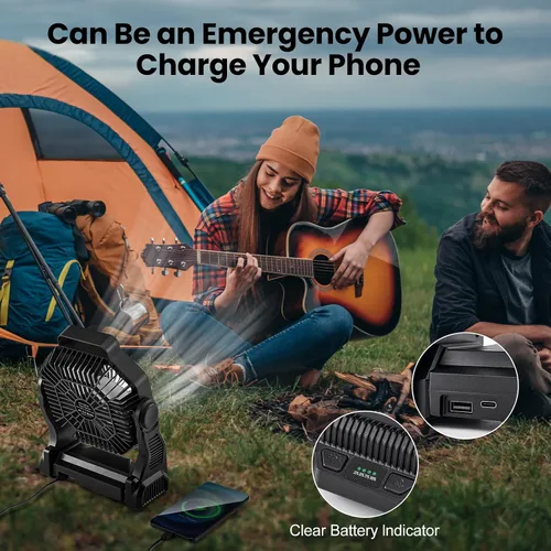 Vista 4 de Odoland Ventilador recargable portátil, ventilador de camping de 20000 mAh con linterna LED 4-Speed Airflow & 3-Color Light Oscillating Fan with