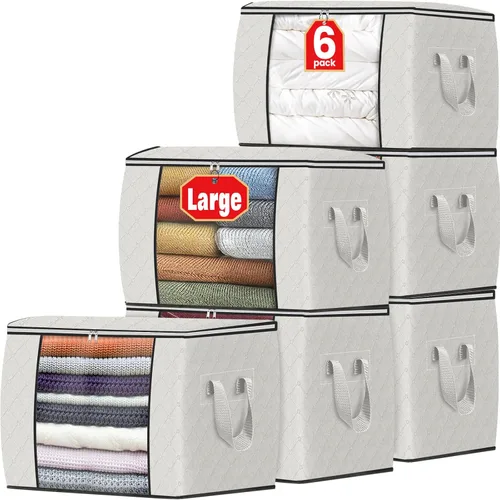 Vista 34 de Fab totes Paquete de 3 bolsas de almacenamiento plegables de tela gruesa, contenedores para organizar dormitorio, armario, ropa, edredón, Beige