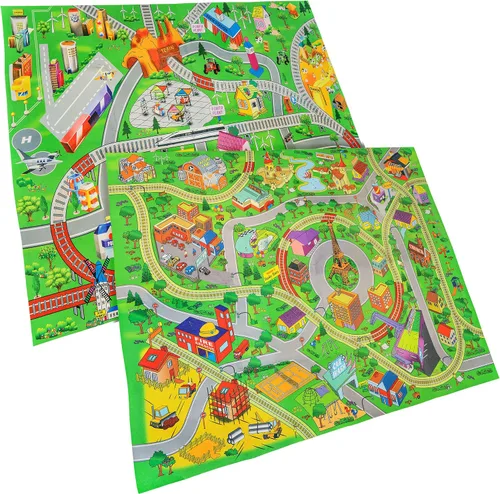 Vista 7 de Alfombra de juego infantil de doble cara con trenes, coches, carreteras, ciudad