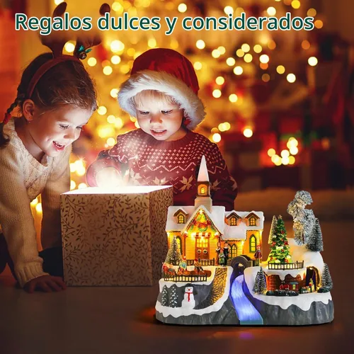Vista 7 de DREAM GARDEN Casa de pueblo de Navidad, iglesia iluminada con tren en movimiento y árbol de Navidad, funciona con pilas, edificios musicales