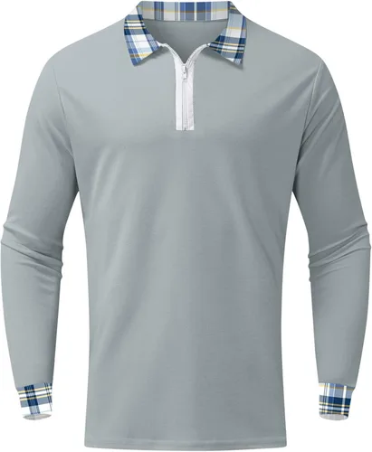 Vista 4 de Blusa casual de verano para hombre, cuello a cuadros, cuello vuelto, manga corta, camiseta de manga larga para hombre