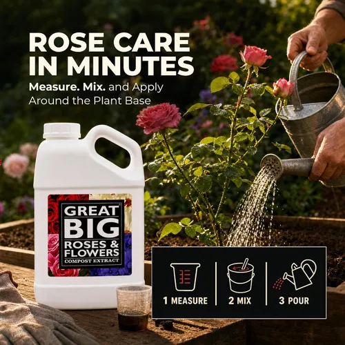 Vista 3 de Great Big Roses and Flowers - Potenciador de fertilizante líquido de rosas y flores, 70 minerales, extracto de compost, activador de suelo de jardín