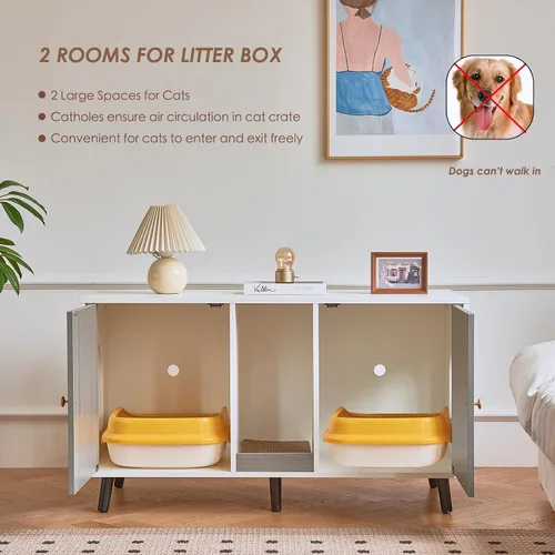 Vista 3 de Caja de arena para gatos para 2 gatos, caja de arena escondida con almohadilla para rascar, caja de arena cerrada, soporte de TV, mesa auxiliar