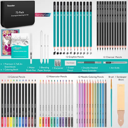 Vista 2 de Soucolor Paquete de 73 suministros de arte para adultos, regalos de artistas, suministros escolares, lápices de dibujo con cuaderno de bocetos