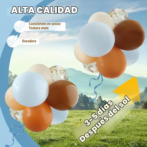 Vista 4 de Kit de arco de guirnalda de globos marrones, café y azules de 148 piezas, diseño boho de osito de peluche beige con texto en inglés «We Can Bearly