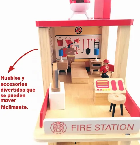 Vista 6 de Juego de estación de bomberos de madera, casa de muñecas con accesorios