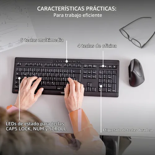Vista 5 de Cherry Teclado Stream inalámbrico, teclado inalámbrico, conexión de 2,4 GHz, teclas silenciosas, diseño delgado, funciona con pilas, interruptores
