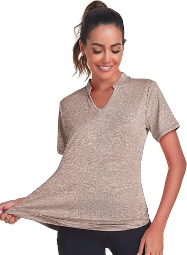 Vista 3 de Absttith Camisetas de entrenamiento de manga corta para mujer, para yoga, senderismo, secado rápido, cuello en V, camiseta deportiva con abertura