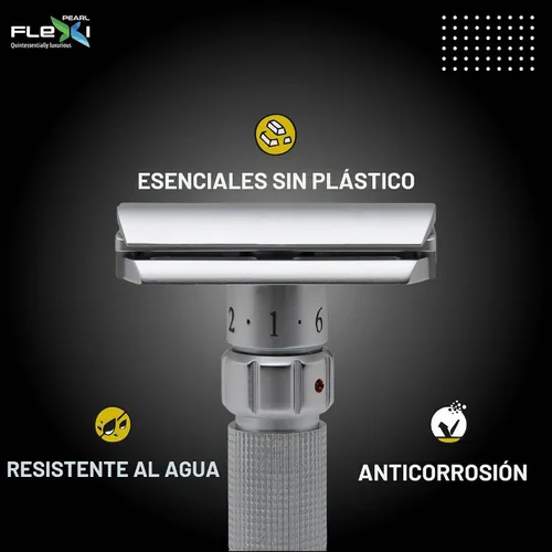 Vista 3 de Pearl Flexi - Maquinilla de afeitar de seguridad ajustable versión V12 – Maquinilla de afeitar de metal reutilizable hecha de 100% latón