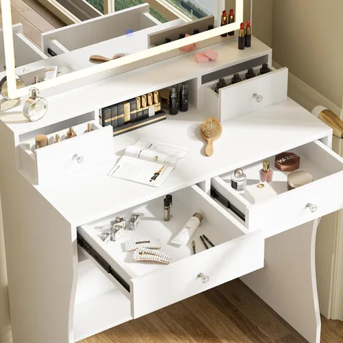 Vista 2 de Escritorio de maquillaje con espejo y luces, juego de mesa de tocador con 4 cajones de almacenamiento y estantes para espacios pequeños, tocador