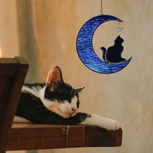 Vista 8 de Regalos conmemorativos para gatos por pérdida de gato, gato en luna, vitrales colgantes para ventanas, atrapasoles, regalos conmemorativos hechos a