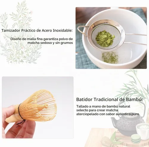 Vista 3 de Juego de batidor de matcha verde, 5 piezas, batidor y tazón de matcha (Chawan) con cuchara de matcha y tamizador, kit de matcha para ceremonia