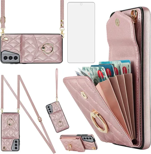 Vista 8 de Funda para teléfono Samsung Galaxy S21 5G de 6.2 pulgadas, funda tipo cartera con protector de pantalla de vidrio templado y correa cruzada