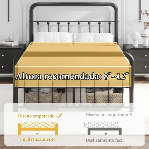 Vista 6 de Fluest Marco de Cama Full de 14 Pulgadas Marco de Cama de Plataforma de Metal Clásico con Estación de Carga y LED, Cabecero/Pie de Cama