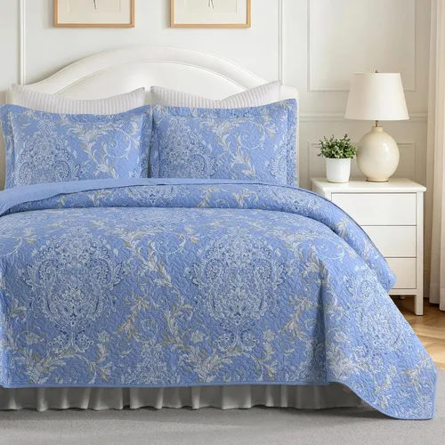 Vista 15 de Juego de edredón 100% algodón tamaño Queen de 3 piezas, edredón floral de damasco con 2 fundas, colcha acolchada floral vintage, ropa de cama ligera