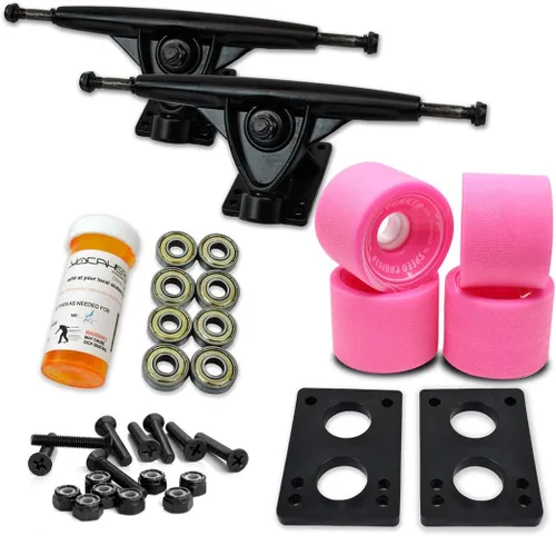 Vista 14 de Yocaher Longboard - Juego de ruedas para monopatín de 2.795 in + camiones negros de aluminio resistente de 7 pulgadas/7.087 in, rodamiento Azul bebé