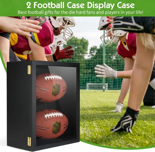 Vista 6 de TJ.MOREE Estuche de fútbol con 2 fundas de fútbol tamaño completo, soportes para rugby para exhibir pelotas, caja de sombra de montaje en pared