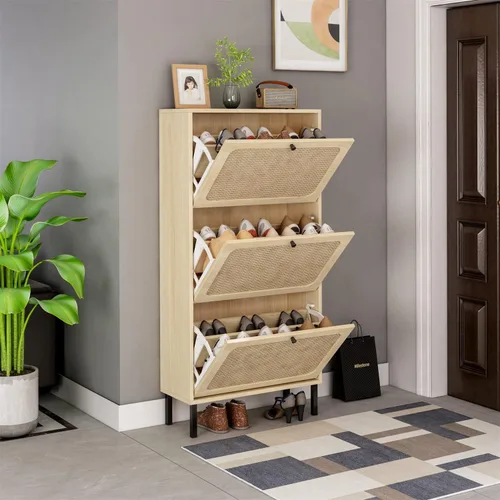 Vista 6 de Pvillez Cabina de zapatos de ratán natural, armario de zapatos con 3 cajones abatibles para entrada, moderno armario de almacenamiento independiente