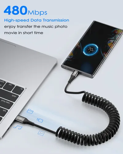 Vista 3 de Cable USB C en espiral de 3.3 pies, cable USB A a USB C para automóvil, cable de carga rápida para iPhone 17 16 15 Pro Max Plus Samsung Galaxy S26