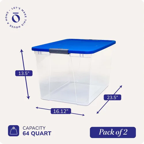 Vista 4 de HOMZ Compartimiento de almacenamiento transparente Snaplock con tapa, X Large Latching-64 Quart (Juego de 2), Azul, Paquete de 2 Tapa azul