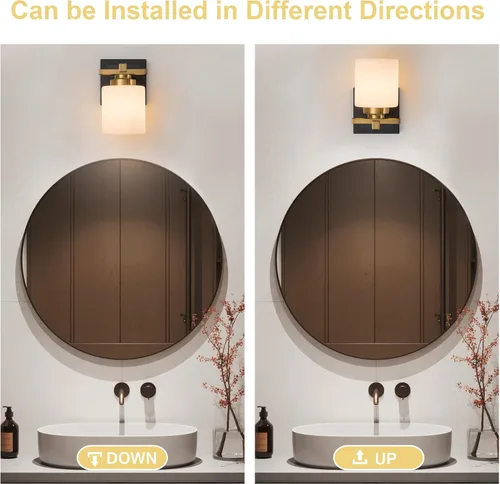 Vista 4 de 1 Luminaria Moderna de Baño sobre Espejo, Luces de Tocador Negro Dorado para Apliques de Pared de Baño con Pantallas de Vidrio Blanco Lechoso