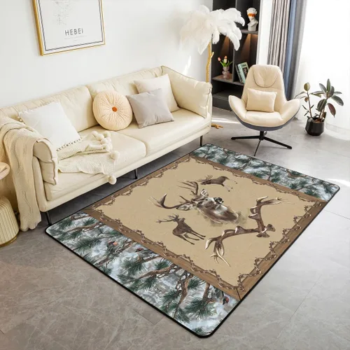 Vista 11 de Erosebridal Alfombra rústica de ciervo para niños y niñas, alfombra vintage con cuernos de alce de 3 x 5, alfombra de paisaje de árboles en acuarela