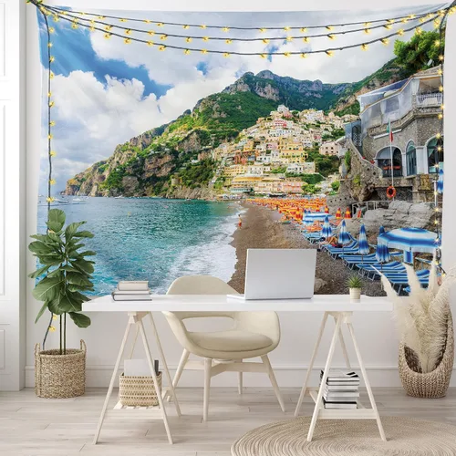 Vista 7 de Lunarable Tapiz de la costa de Amalfi, tumbonas y sombrillas en la playa, casas de pueblo antiguo Positano on Campania, Italia, decoración de tela