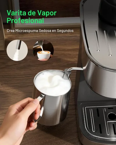 Vista 4 de HBN Máquina de café expreso, cafetera de 3.5 bar para capuchino y café con leche, cafetera de acero inoxidable de 2 a 4 tazas con espumador