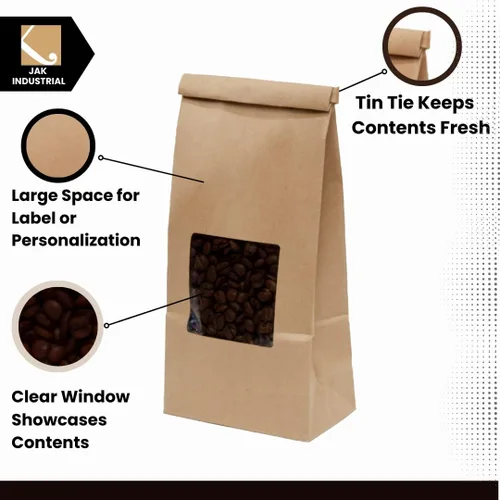 Vista 4 de Bolsas de café y té de papel kraft de 1 libra con ventana, ideal para pasteles, dulces y panadería (100)