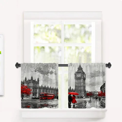 Vista 97 de Cortinas opacas de cocina con pintura al óleo de Europa rosa y negra para ventanas, cenefas opacas modernas de torre Eiffel de poliéster multicapa