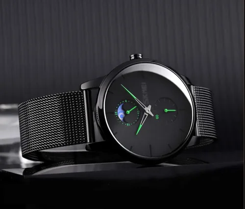 Vista 5 de SKMEI Black Watches for Men Fashion Minimalist Waterproof Ultra-Thin Analog Quartz Moon Phase Stainless Steel Mesh Band Wristwatch for Men