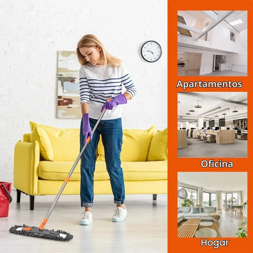 Vista 3 de Trapeador de polvo para limpieza de suelos con 3 almohadillas lavables y mango de acero inoxidable de 55 pulgadas de largo, mopa de microfibra