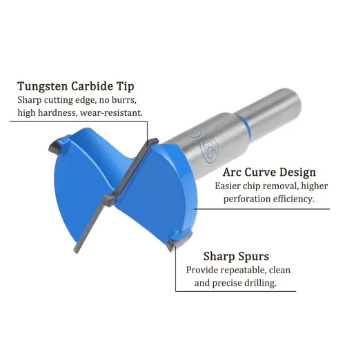 Vista 2 de Forstner Broca - Broca de carburo de tungsteno de [1.378 in] para muebles de madera, bisagra, carpintería, vástago redondo, azul oscuro