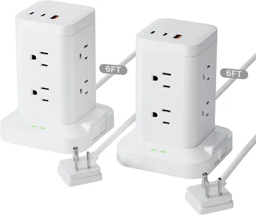 Vista 20 de Torre de regleta de alimentación con protector de sobretensiones de 1800J, torre de carga rápida PD20W puertos USB-C con 12 salidas de CA, cable