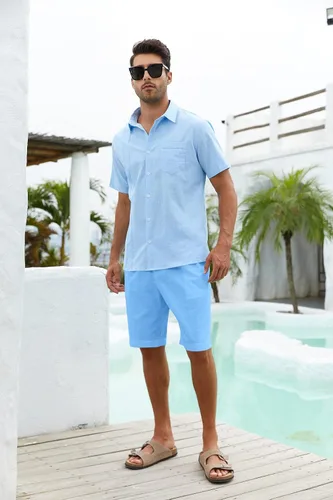 Vista 4 de Runcati Pantalones cortos de algodón y lino con parte delantera plana con botones y cintura elástica, ajuste regular, pantalones cortos de playa