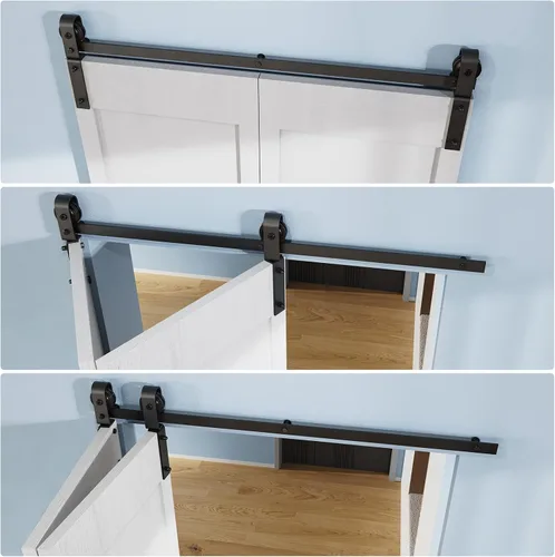 Vista 4 de ROOMTEC Kit de riel de hardware para puerta corrediza de granero biplegable de 2.5 pies, kit de rodillos negros para 2 puertas, forma de J