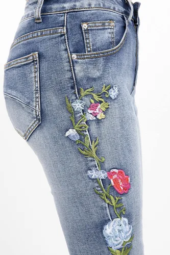 Vista 7 de Jeans acampanados bordados florales para mujer, pantalones de mezclilla retro inspirados en la vendimia