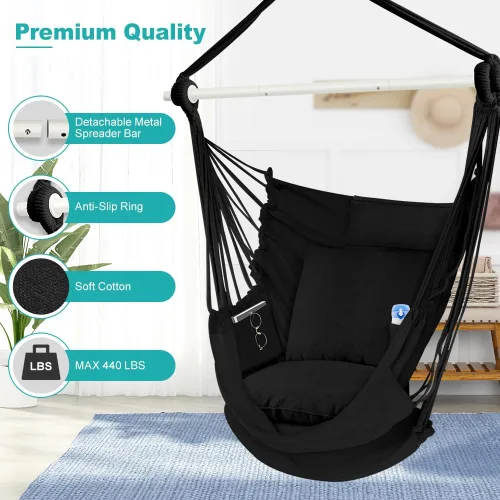 Vista 4 de Outerman Silla tipo hamaca, silla colgante con 3 cojines y soporte para los pies, barra separadora de metal resistente con un máximo de 500 libras