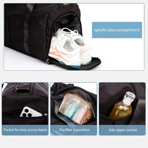 Vista 4 de Bolsas de lona deportivas con bolsa de gimnasio para mujeres y hombres, bolsa impermeable de viaje con bolsillo húmedo y compartimento para zapatos